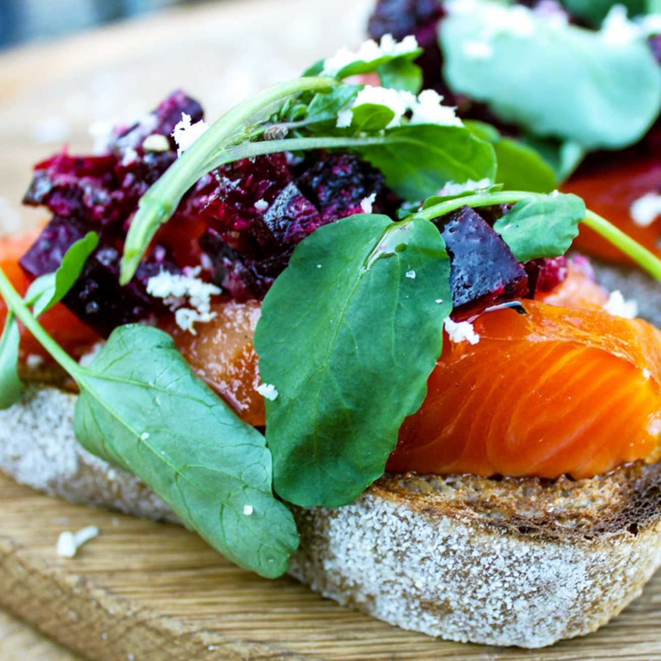 Smoked trout, roasted beetroots and watercress on rye